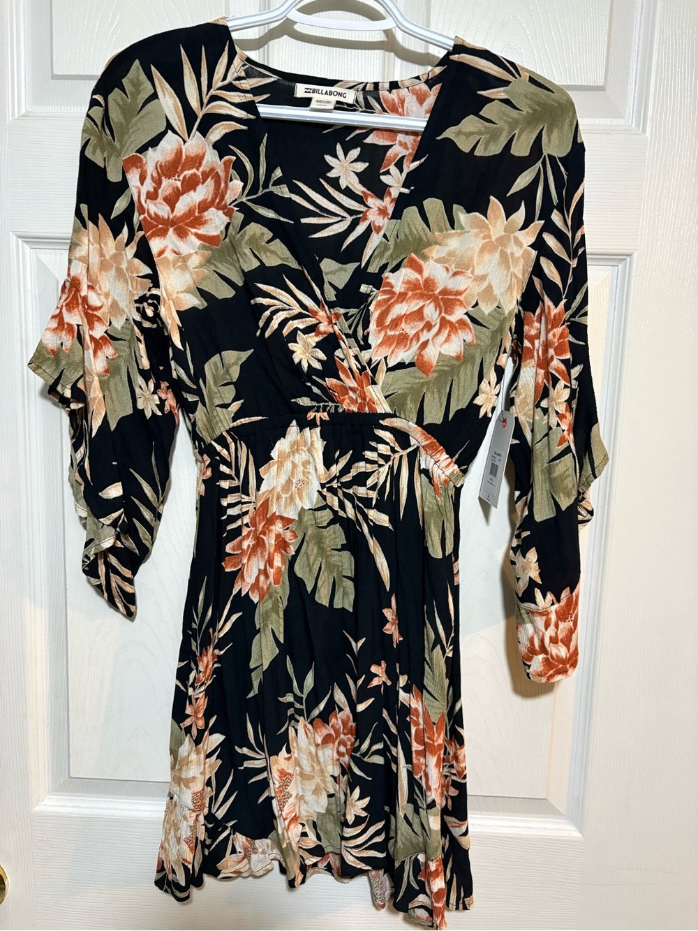 Billabong Black Floral Wrap Mini Dress with Rust and Olive Blooms